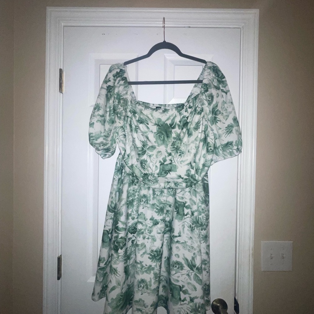 SHEIN Green and White Puff Sleeve Mini Sundress